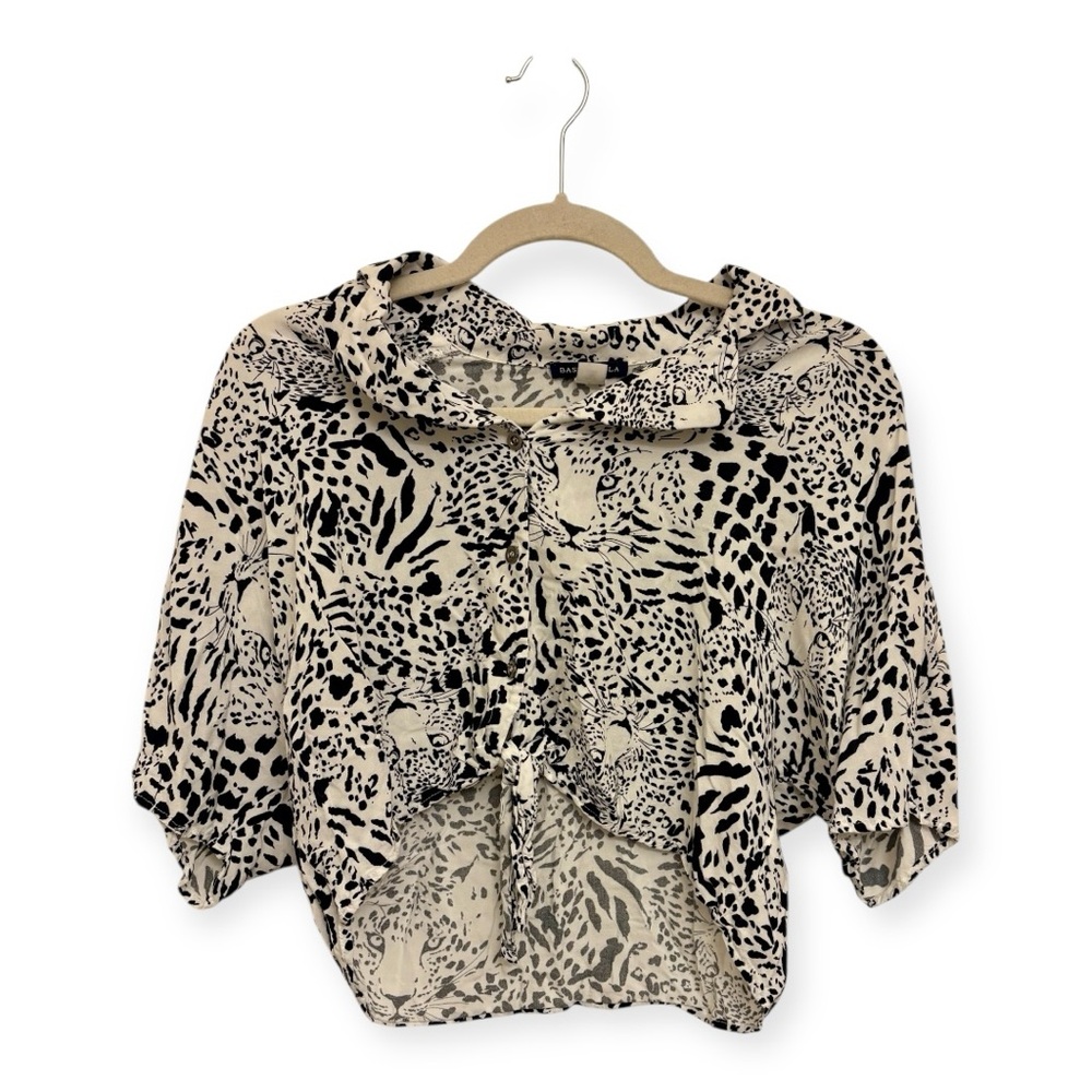 Basil & Lola Black White Leopard Print Tie Front Blouse Retro Y2K Top Small